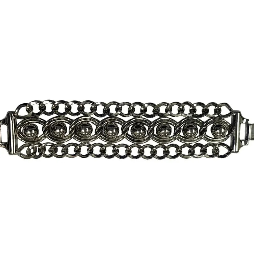Vintage Ball Beaded Chunky Chain Link Bangle Bracelet Silver Tone Box Clasp